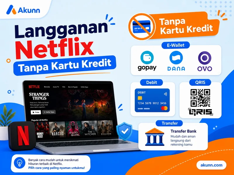 Ilustrasi langganan Netflix tanpa kartu kredit dengan e-wallet dan transfer