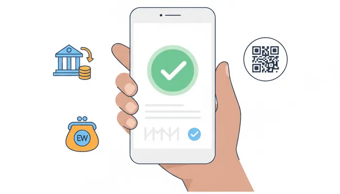 Ilustrasi metode pembayaran mudah - transfer bank dan e-wallet